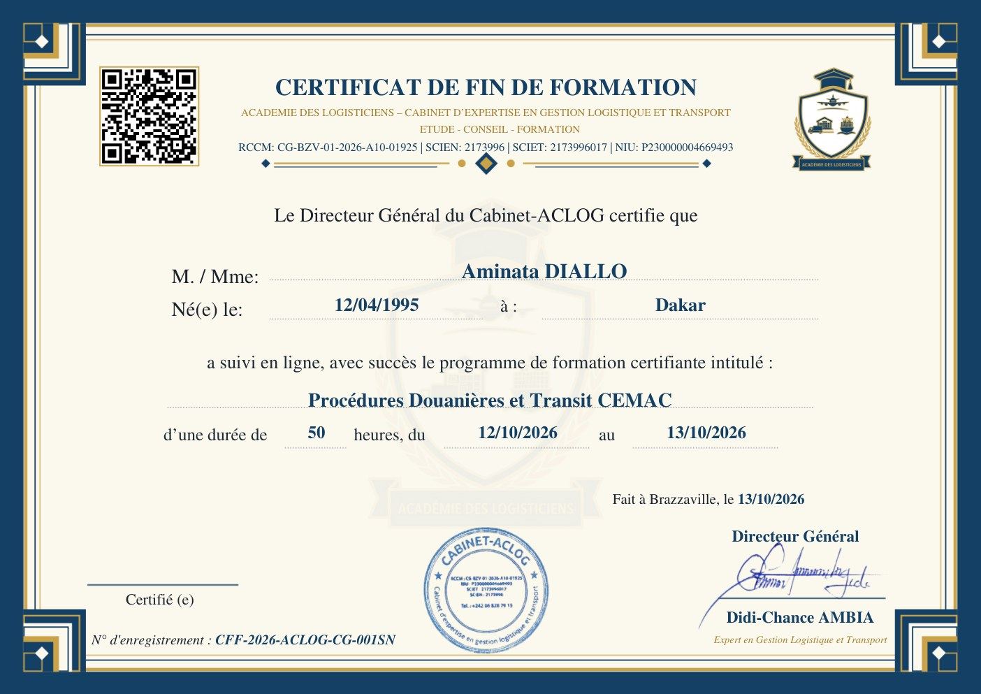 Certificat de fin de formation ACLOG